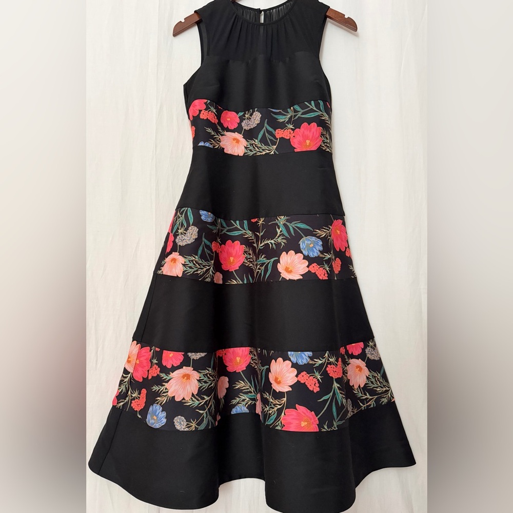 Kate Spade New York Blossom Mikado Midi Dress Striped Floral Print- Black - Sz 2 - Picture 2 of 12